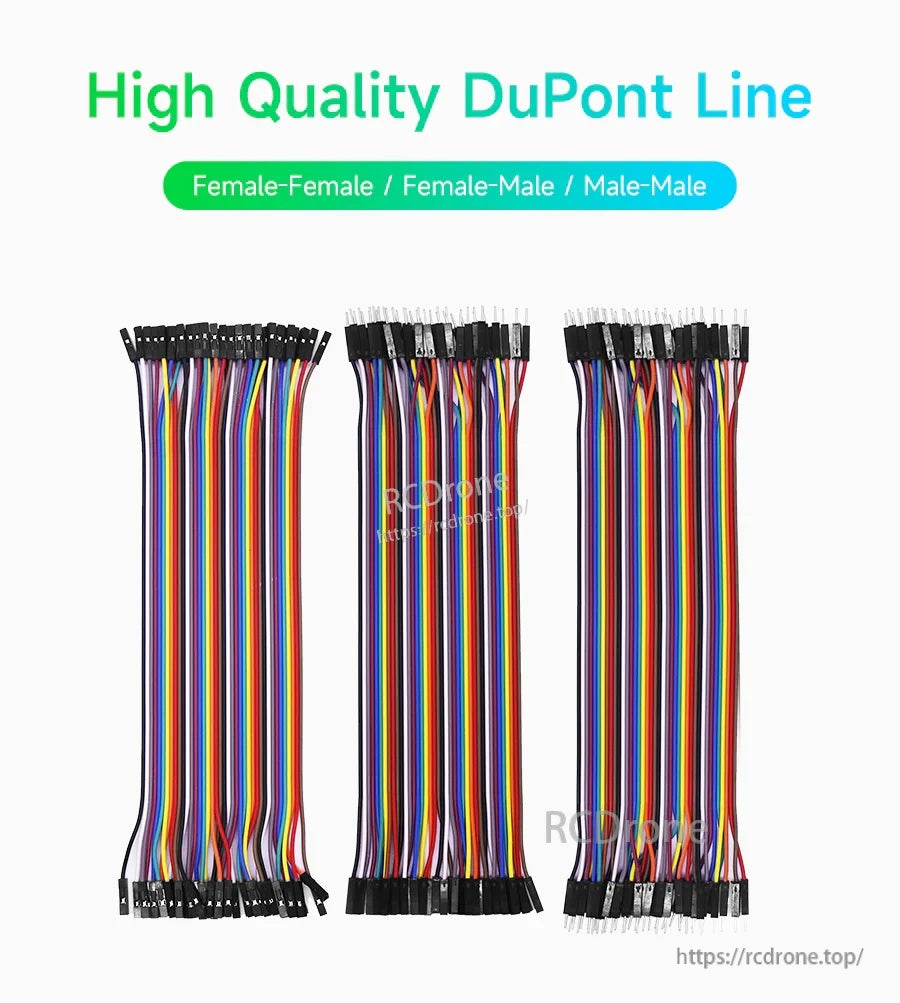DuPont jumper cable set in 40-pin rainbow ribbon, showing female-female, female-male, and male-male connectors