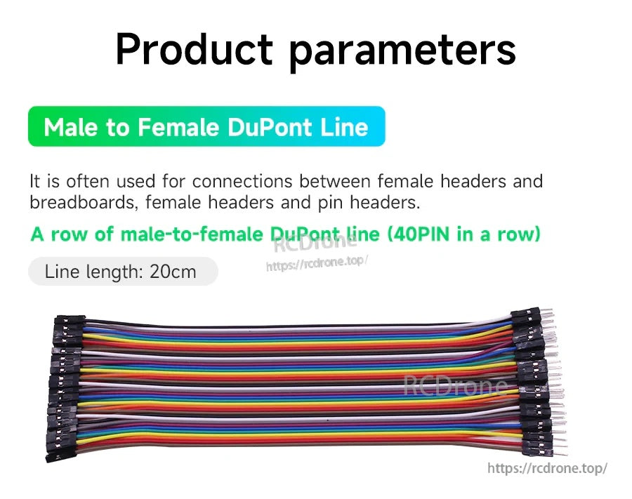 Male-to-female ribbon bundle, 40-pin in a row, 20 cm length for breadboard and header connections