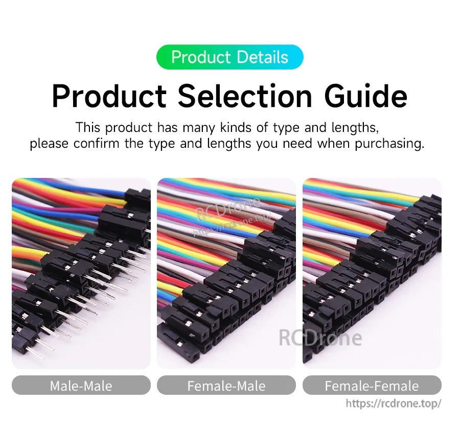 Close-up product selection guide comparing male-male, female-male, and female-female Dupont jumper cable connectors
