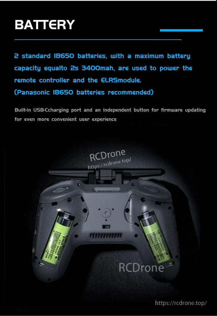 Jumper T-Pro S Radio Controller, Uses two 18650 batteries (max 3400mAh), USB-C charging, and firmware updates for convenience and control; Panasonic batteries recommended.