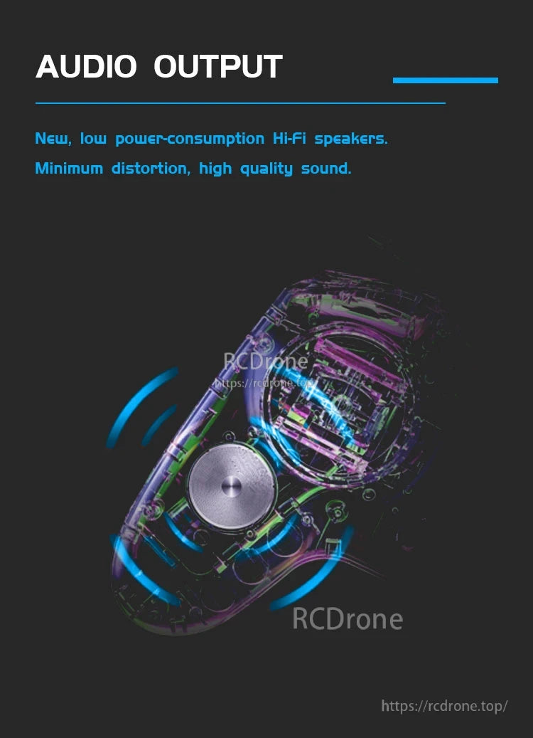 Jumper T-Pro S Radio Controller, New low-power Hi-Fi speakers offer high-quality, low-distortion sound, with internal components and sound waves visually emphasized.