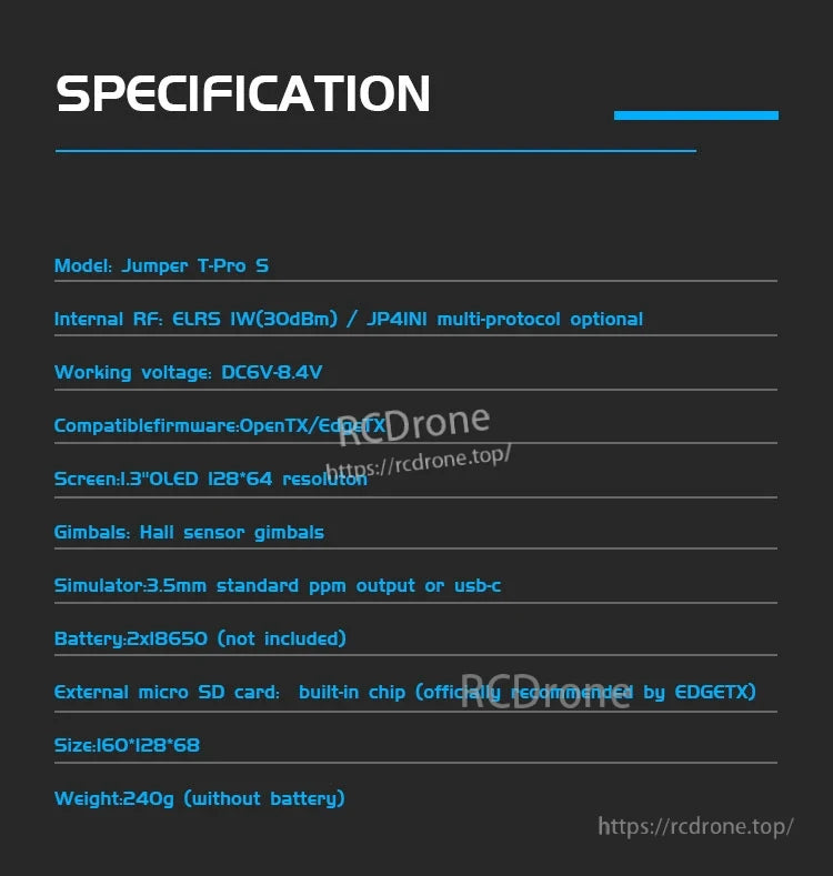 Jumper T-Pro S Radio Controller, The Jumper T-Pro S radio offers ELRS/JPA4INI RF, OLED screen, Hall gimbals, OpenTX/EdgeTX support, dual 18650 batteries, micro SD slot, and weighs 240g without batteries.