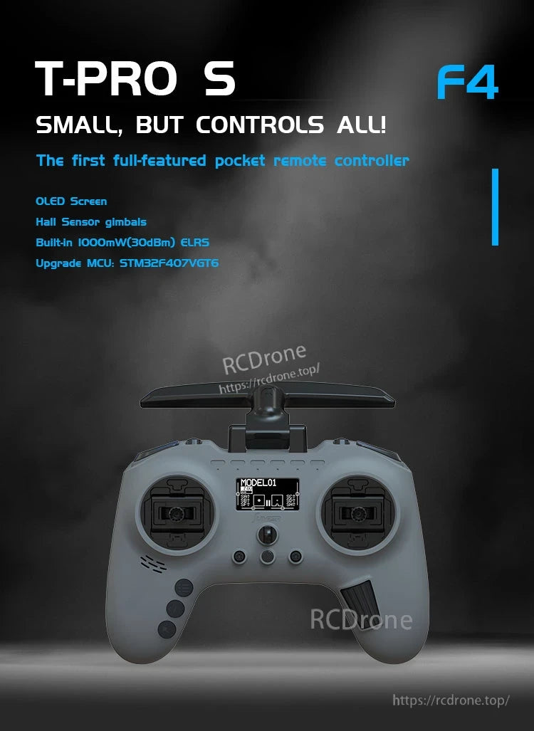 Jumper T-Pro S Radio Controller, T-PRO S: Compact pocket remote with OLED, Hall gimbals, 1000mW ELRS, STM32F407VGT6 MCU; F4 model emphasized.
