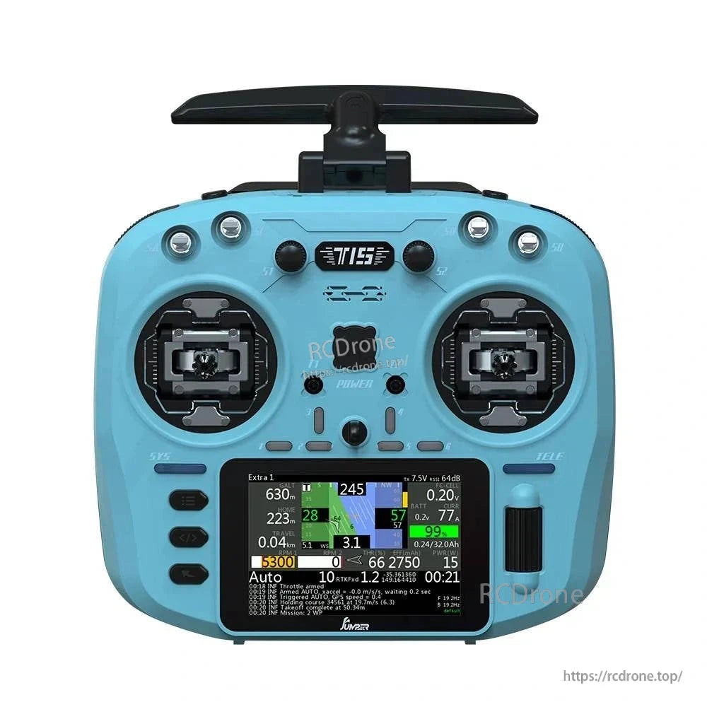 The Jumper T15 ELRS 1000mW transmitter features dual-band RF, EdgeTX, Hall gimbals, a 3.5" touchscreen, and real-time flight telemetry display.
