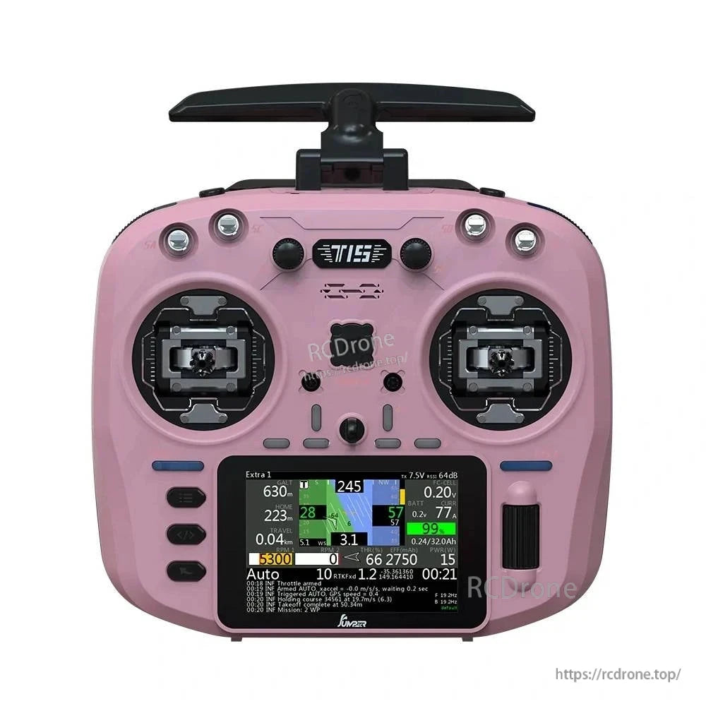 The Jumper T15 ELRS 1000mW transmitter offers precise FPV control with real-time telemetry, dual joysticks, programmable switches, and a touchscreen displaying flight data.