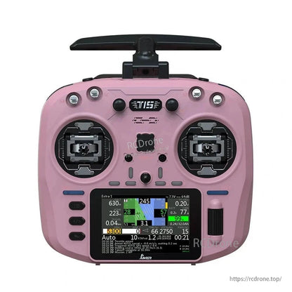 The Jumper T15 ELRS 1000mW transmitter offers precise FPV control with real-time telemetry, dual joysticks, programmable switches, and a touchscreen displaying flight data.