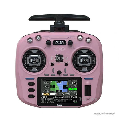 The Pink Jumper T15 ELRS transmitter offers a 3.5” touchscreen, Hall gimbals, 1000mW power, dual-frequency support, and on-screen telemetry.