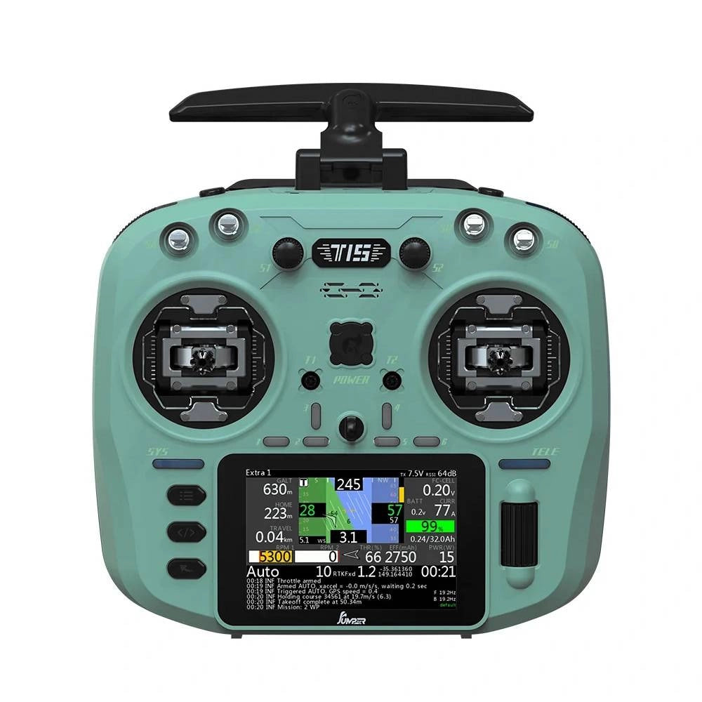 The Jumper T15 ELRS 1000mW transmitter features EdgeTX, Hall gimbals, a touchscreen showing telemetry, and ergonomic controls for precise flying.