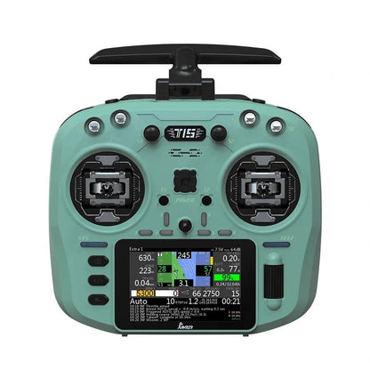 The Jumper T15 ELRS 1000mW transmitter features EdgeTX, Hall gimbals, a touchscreen showing telemetry, and ergonomic controls for precise flying.