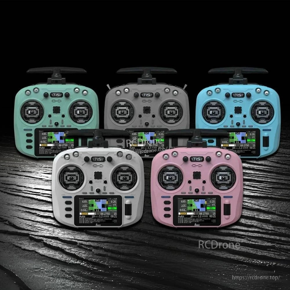 Five Jumper T15 ELRS transmitters in various colors, featuring a 3.5" touchscreen, Hall gimbals, dual-band RF, and 1000mW power.