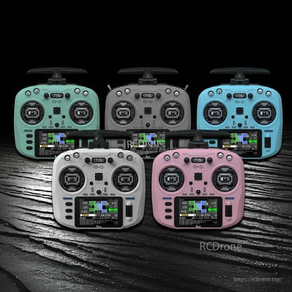 Five Jumper T15 ELRS transmitters in various colors, featuring a 3.5" touchscreen, Hall gimbals, dual-band RF, and 1000mW power.