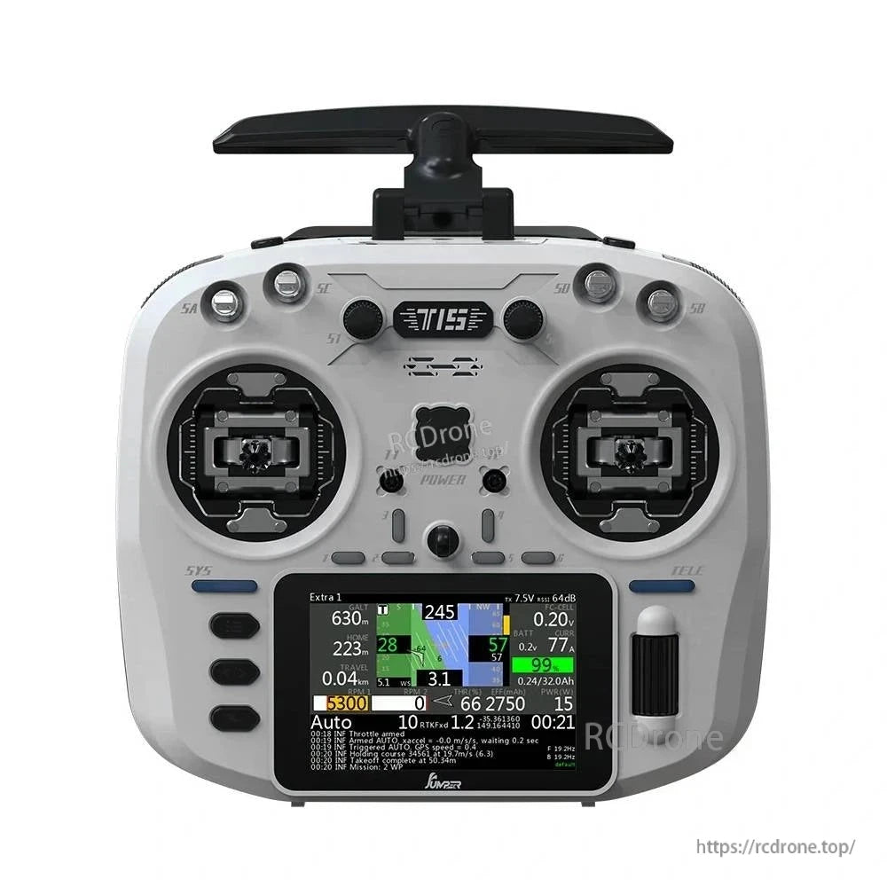Jumper T15 ELRS transmitter offers a 3.5" touchscreen, Hall gimbals, 1000mW power, dual-frequency support, telemetry, and ergonomic design for precise control.