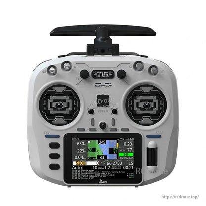 Jumper T15 ELRS transmitter offers a 3.5" touchscreen, Hall gimbals, 1000mW power, dual-frequency support, telemetry, and ergonomic design for precise control.