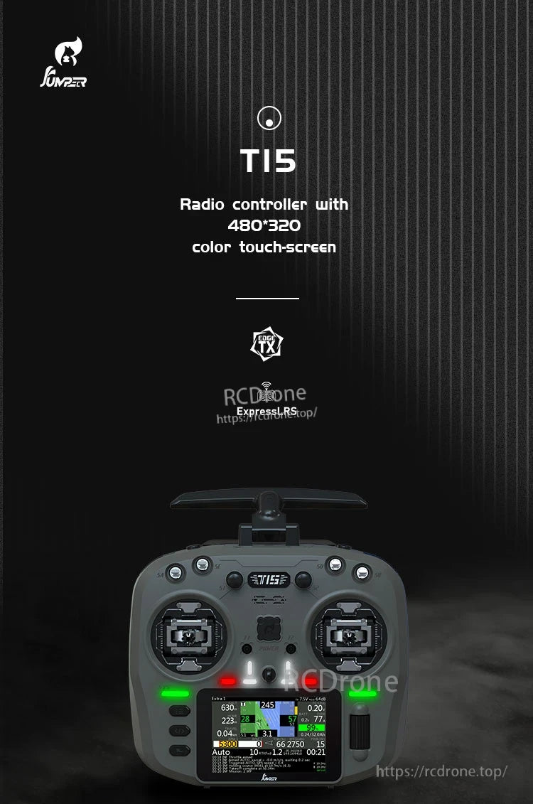 Jumper T15 ELRS Radio, The Jumper T15 features a color touchscreen, EDGE TX, ExpressLRS support, dual joysticks, illuminated indicators, and a sleek gray design.