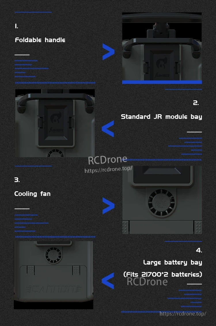 The Jumper T15 ELRS radio features a foldable handle, JR module bay, cooling fan, and dual 21700 battery support.
