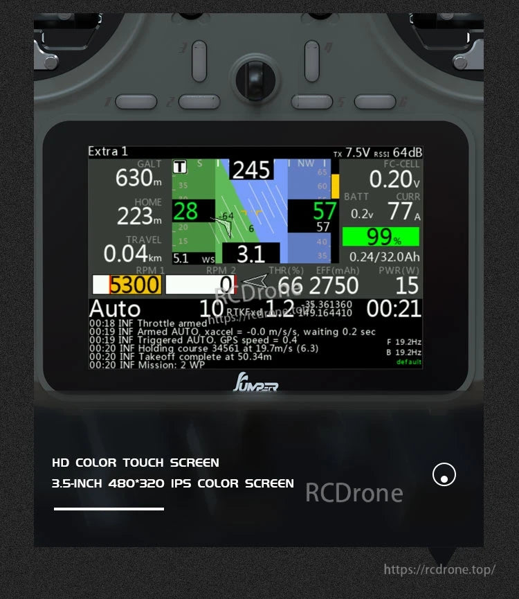 Jumper T15 ELRS Radio, Jumper T15 ELRS features a 480x320 HD touchscreen displaying real-time flight data and supports telemetry-based auto modes and mission tracking.
