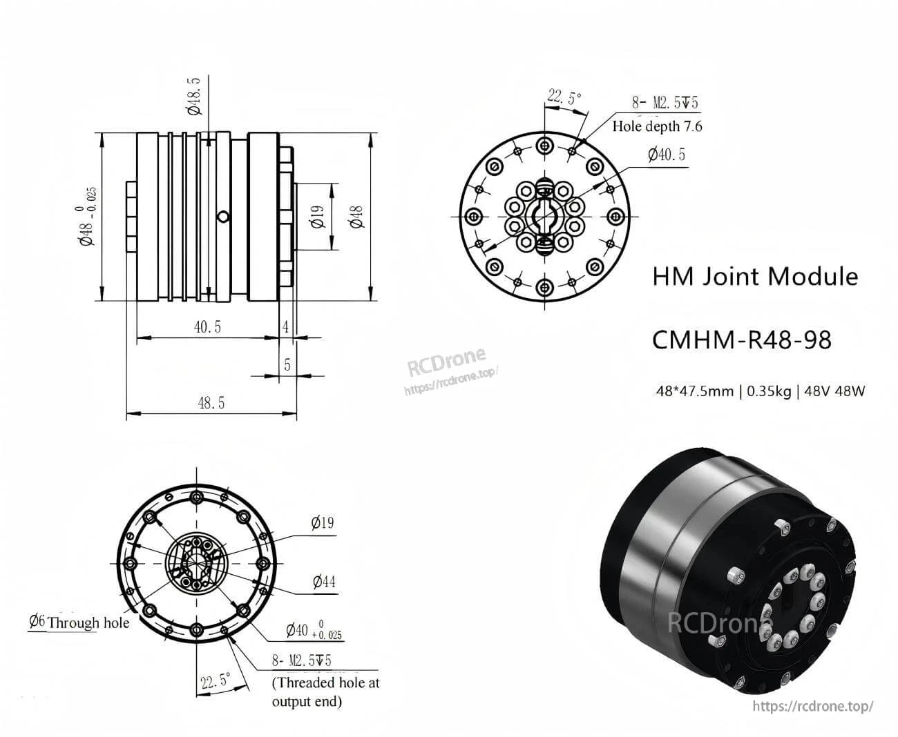 Juxie CE-HM-R48 Robot Motor, HM Joint Module CMHM-R48-98: 48V, 48W, 0.35kg, 48×47.5mm, with mounting holes for secure, compact power installations.