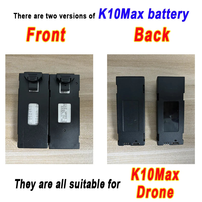 The K10 Max Drone Battery has a 3.7V capacity and 1800mAh power, designed for drone use with front or back compatibility.