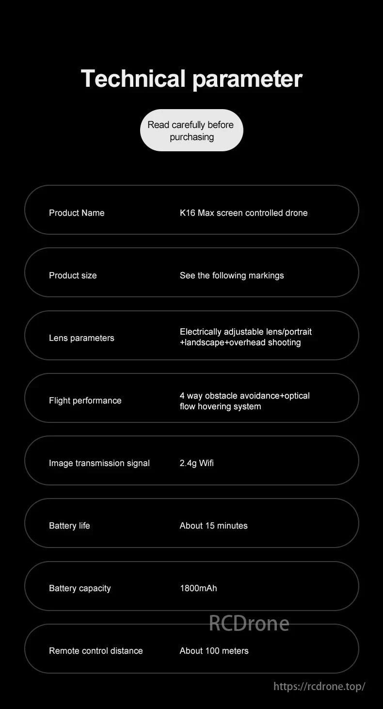 K16 Max Drone, K16 Max: Screen-controlled drone with adjustable lens, obstacle avoidance, 2.4g WiFi, 15-min flight, 1800mAh battery, 100m control range.