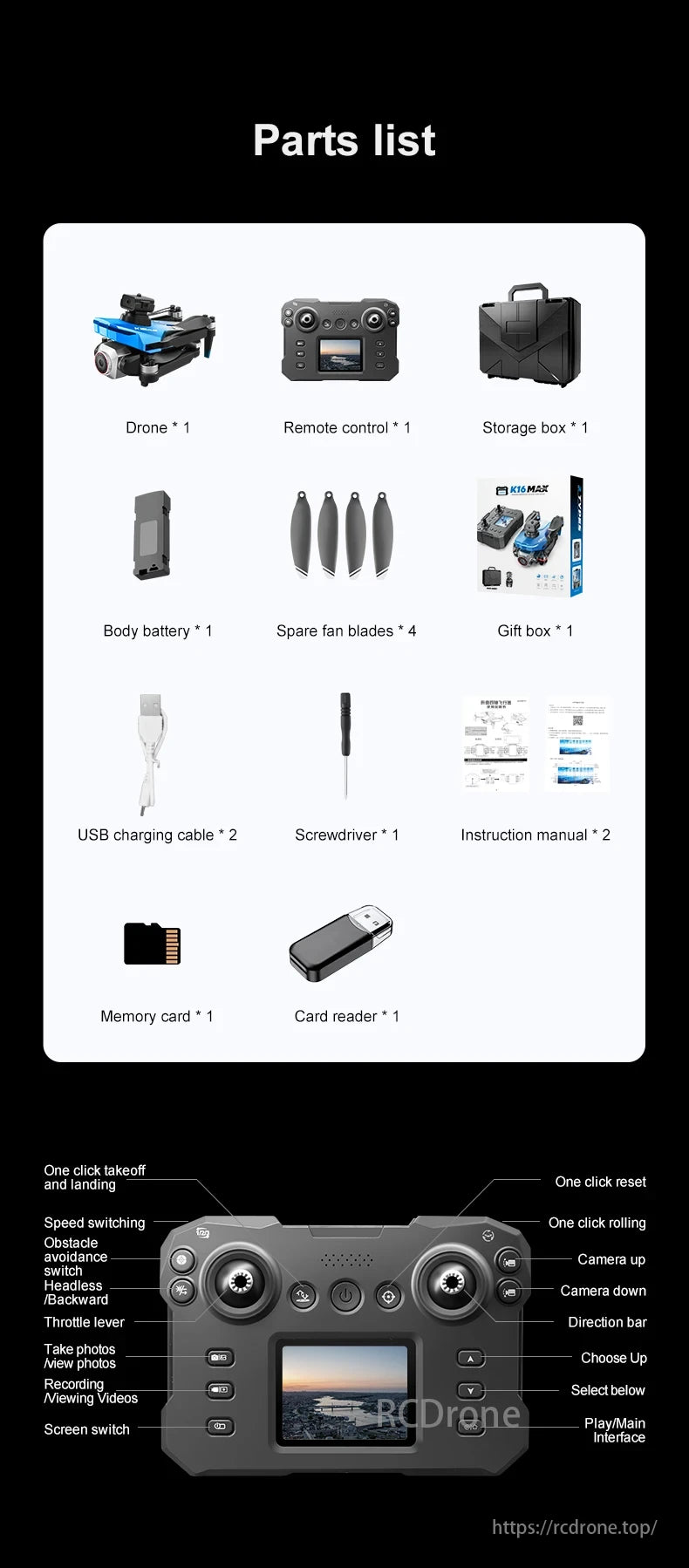 K16 Max Drone, The parts list includes drone, remote control, storage box, battery, blades, gift box, USB cable, screwdriver, manual, memory card, and card reader. Remote has one-click takeoff, landing, reset, rolling, camera control, direction bar, selection, and main interface.