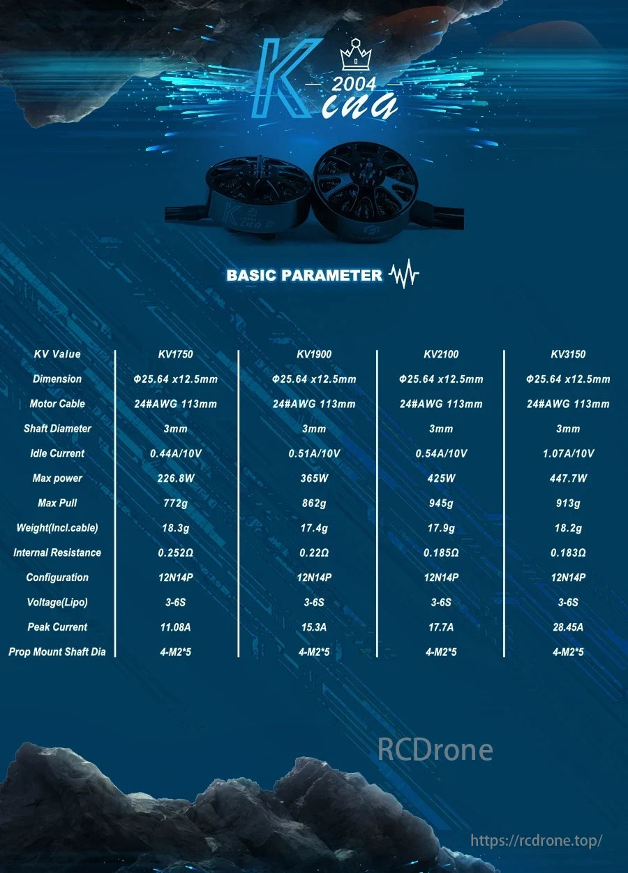K2004 brushless motor specs include KV1750-3150, 25.64x12.5mm size, 3mm shaft, 12N14P config, 3-6S voltage, and max pull of 772g-913g.