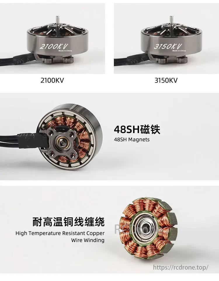 K2004 Brushless Motor features 2100KV/3150KV options, 48SH magnets, and high-temperature copper wire winding.