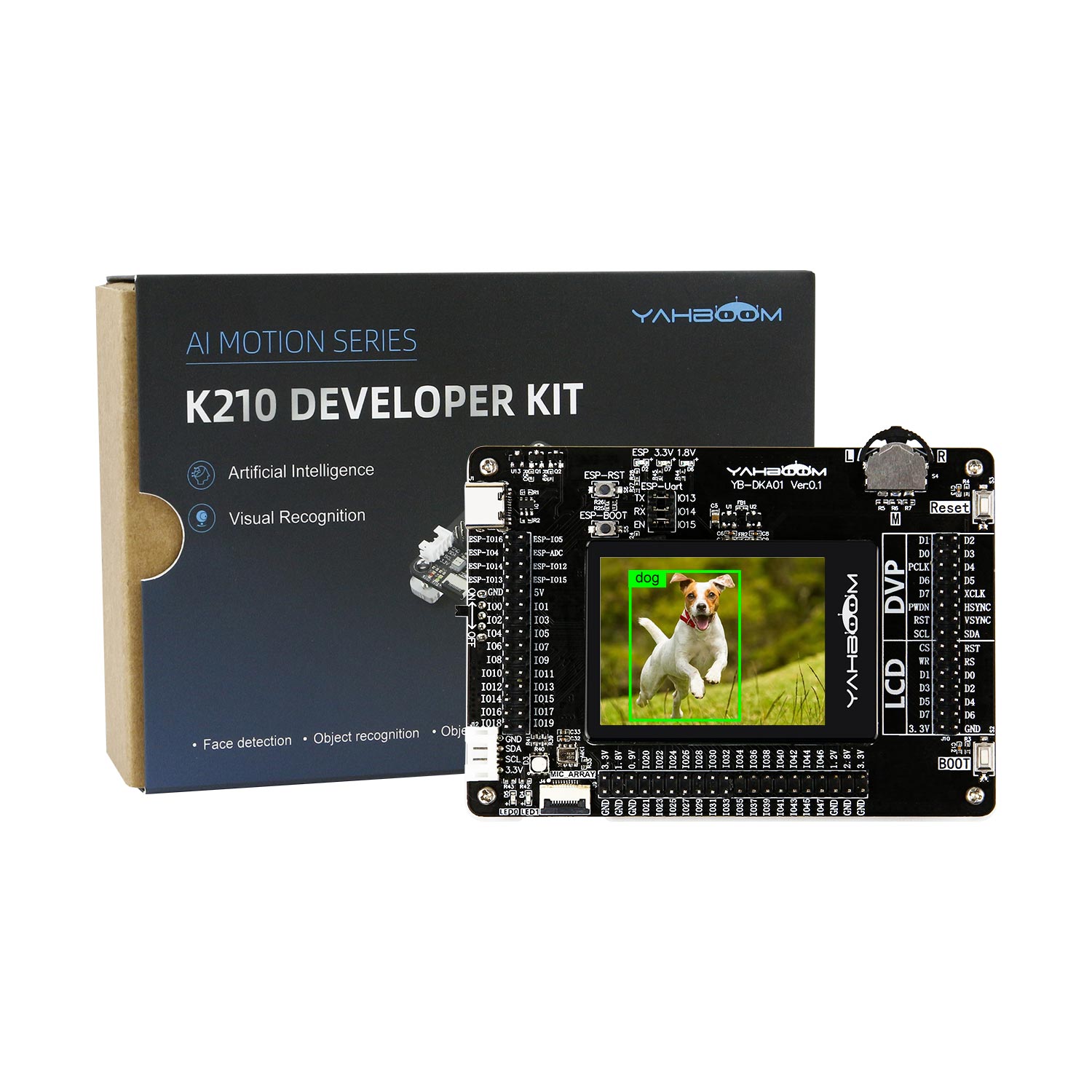 Yahboom AI‑Motion K210 developer kit RISC‑V board with 2.0in touch LCD shown beside retail box