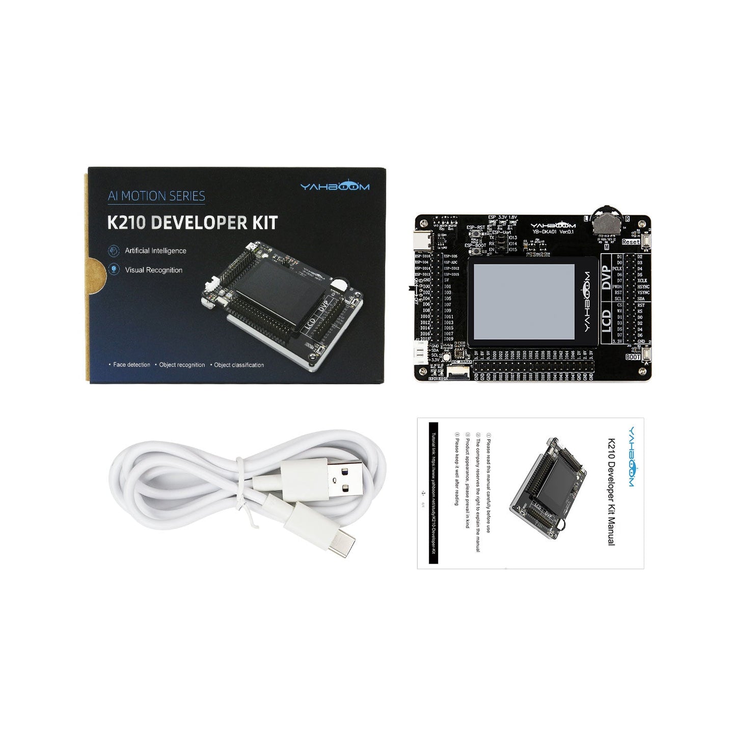 Package contents: Yahboom K210 developer board, retail box, USB‑C cable and printed manual card