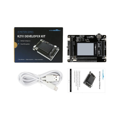 Package contents: Yahboom K210 developer board, retail box, USB‑C cable and printed manual card
