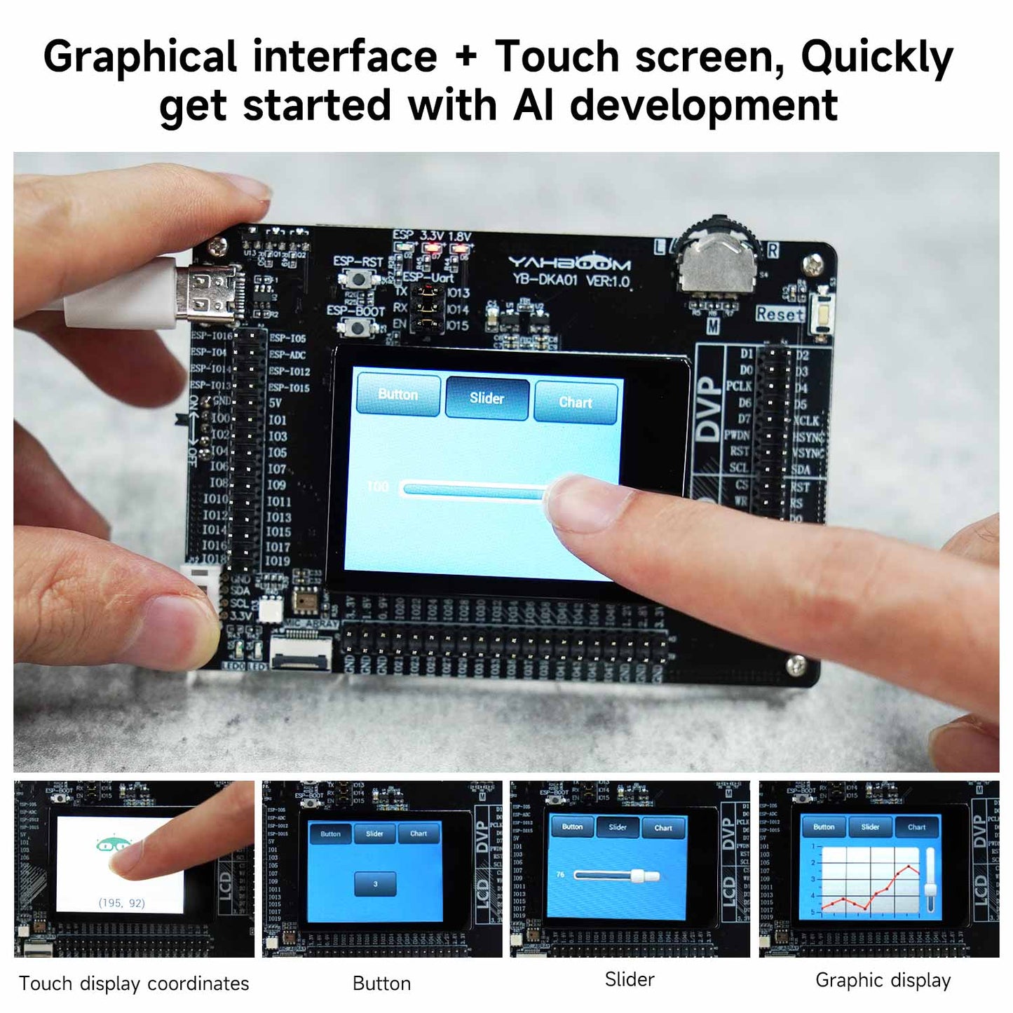 K210 dev board capacitive touch LCD demo screen with finger using slider and button UI