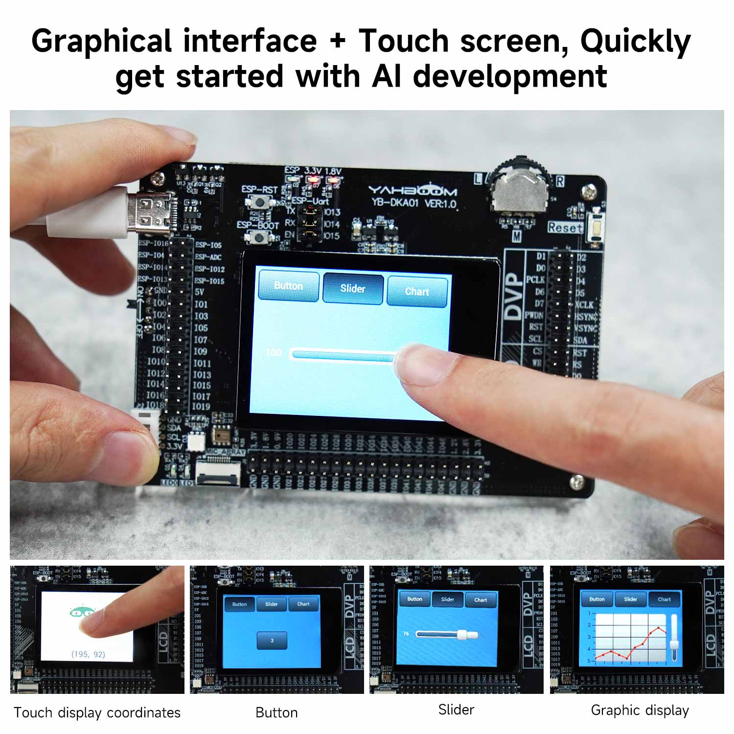 K210 dev board capacitive touch LCD demo screen with finger using slider and button UI