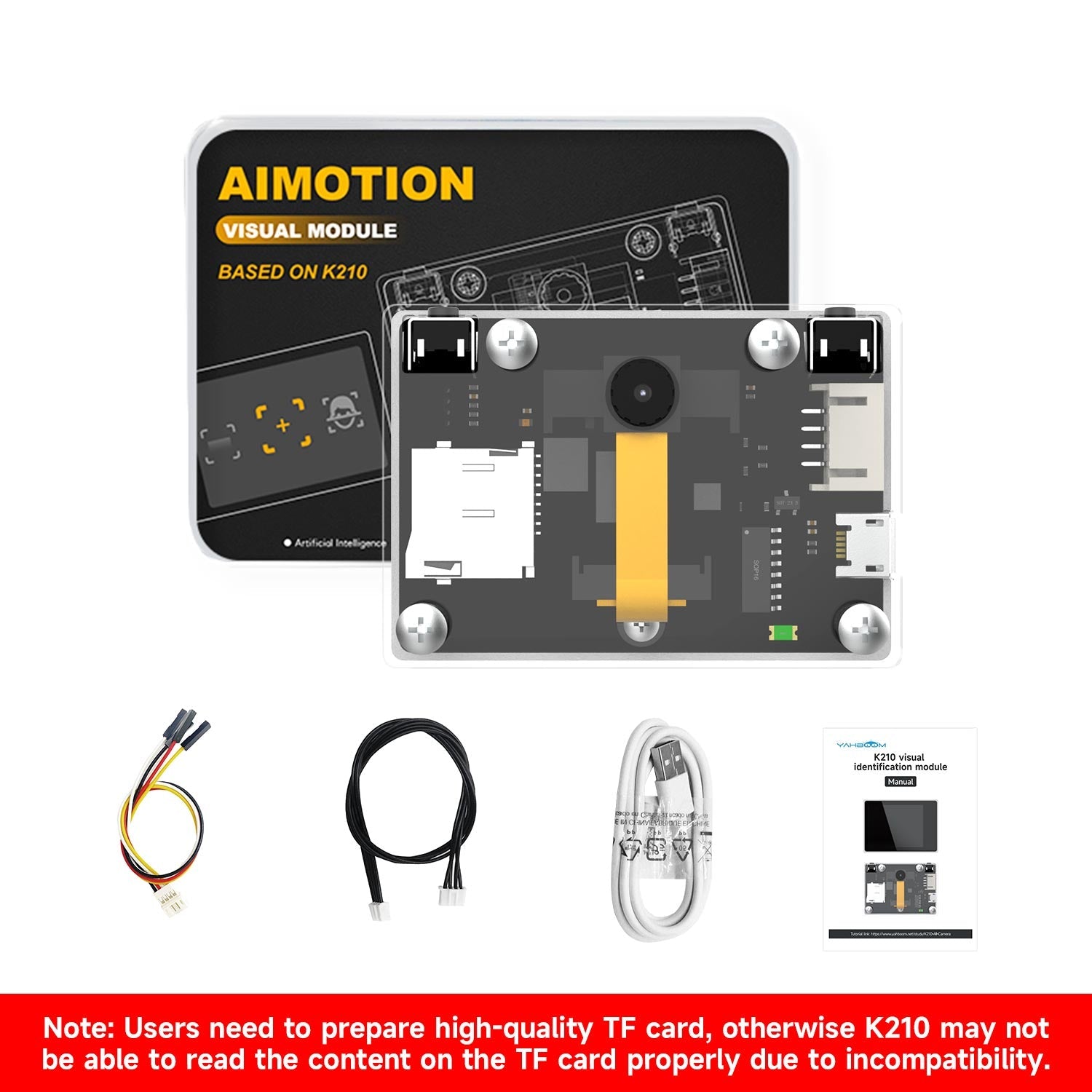 AIMOTION K210 visual module standard kit with serial cable, micro USB cable, and manual; note about TF card quality