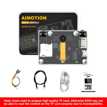 AIMOTION K210 visual module standard kit with serial cable, micro USB cable, and manual; note about TF card quality