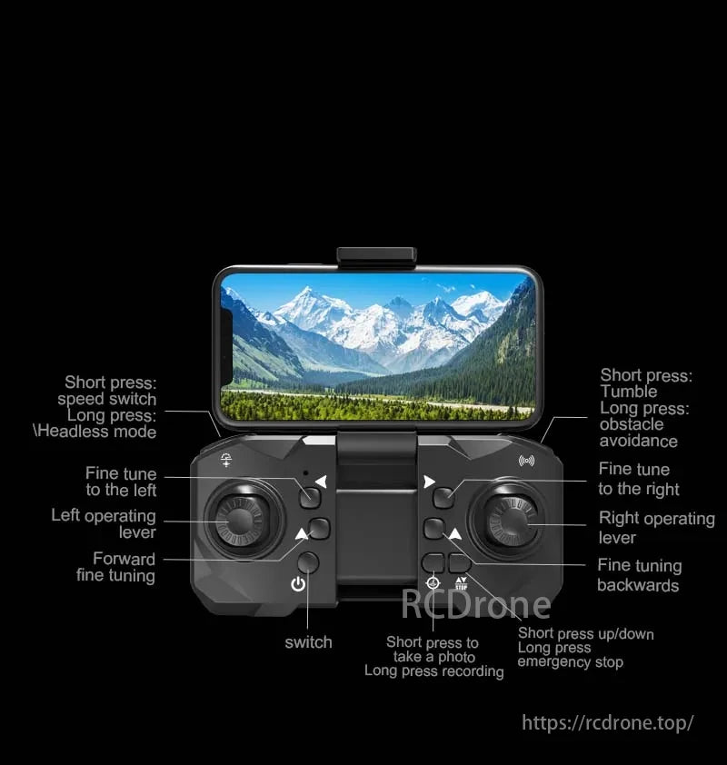 KBDFA M4 Drone, Drone controller features speed switch, headless mode, fine tuning, levers, buttons for media, and emergency stop; presses activate different functions.