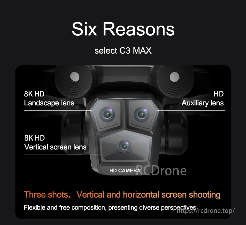 KBDFA M4 Drone, C3 MAX offers 8K HD, vertical lenses, an auxiliary lens, and flexible composition for diverse perspectives.