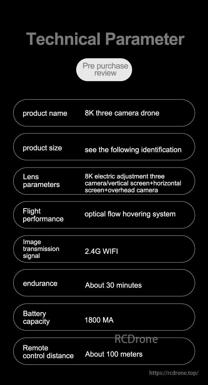KBDFA M4 Drone, 8K tri-camera drone features electric adjustment, optical flow hovering, 2.4G WiFi, 30-minute flight time, 1800mAh battery, and 100-meter control range.