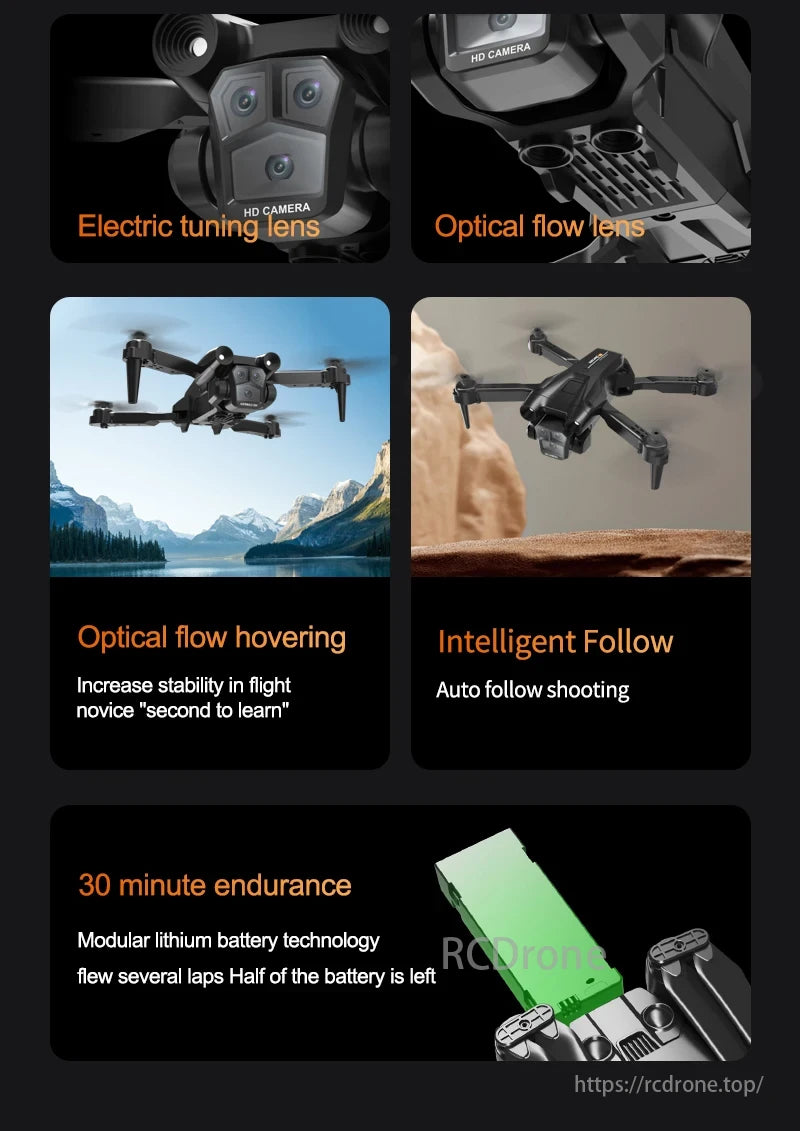 KBDFA M4 Drone, Electric tuning lens, optical flow for stability/tracking, 30-minute flight time with modular lithium battery technology.
