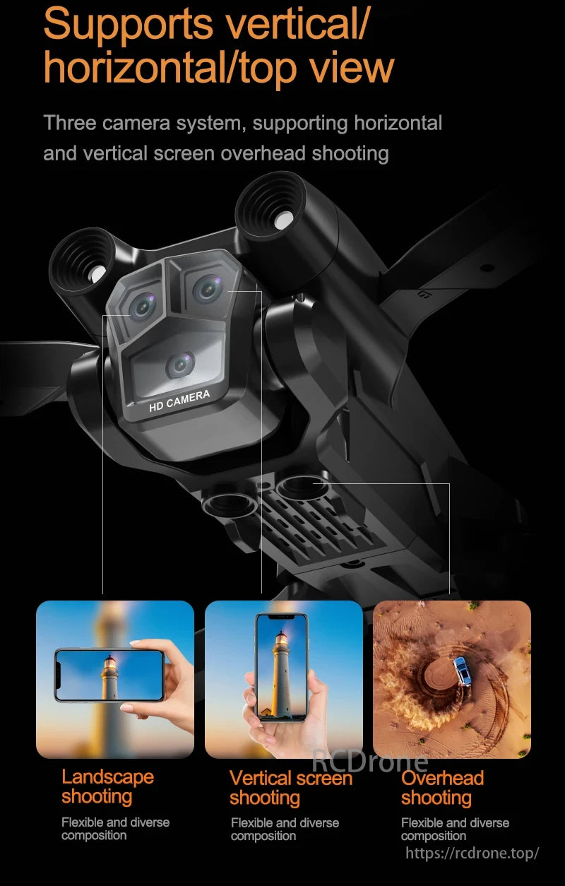 KBDFA M4 Drone, Three-camera system offers vertical, horizontal, and top views for versatile landscape, portrait, and overhead shots.