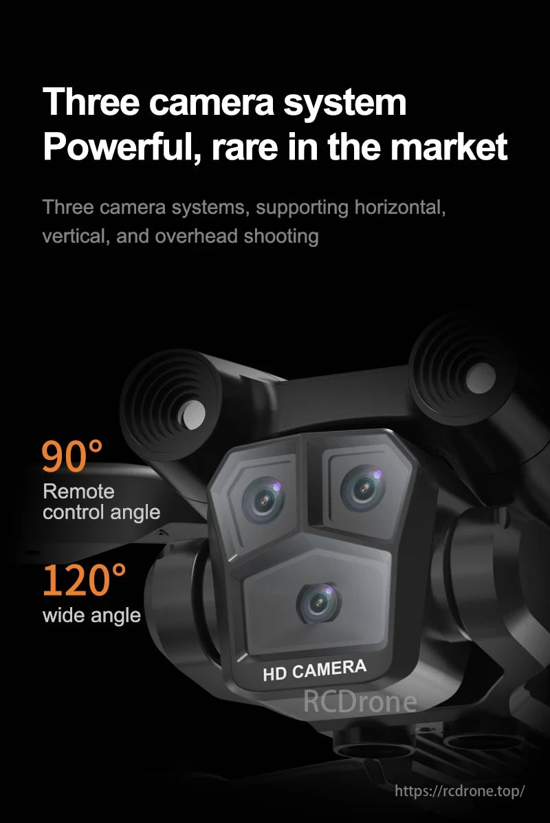 KBDFA M4 Drone, Three-camera system with horizontal, vertical, overhead shooting, 90° remote control, and 120° wide angle.