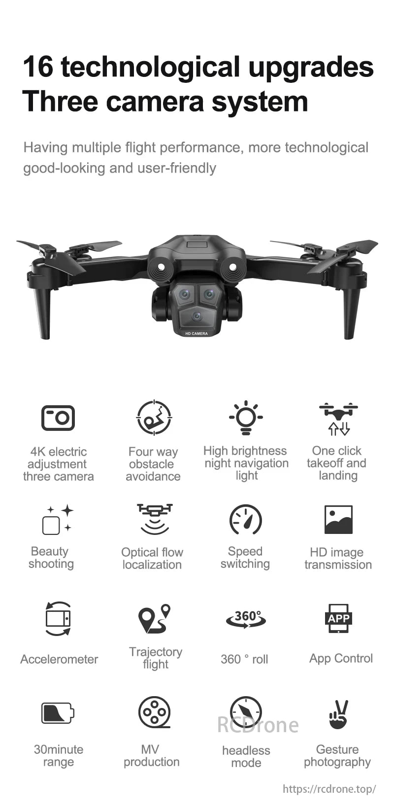 KBDFA M4 Drone, Drone with 16 upgrades, 4K camera, obstacle avoidance, night lights, one-click controls, beauty mode, optical flow, app control, and more. Ideal for MV production.