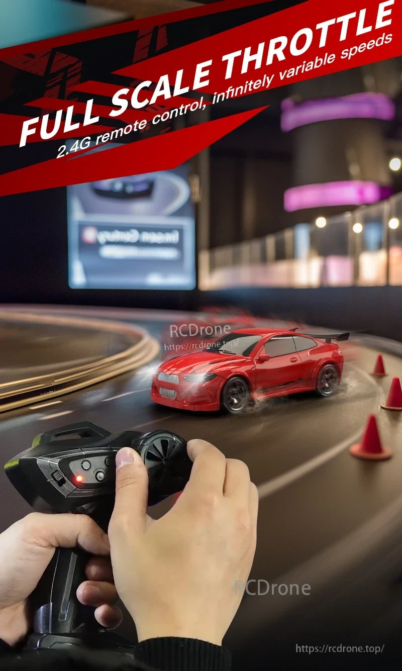 KF20 1:64 4WD Drift Rc Car, Red RC car drifts on track at full throttle with 2.4G remote control, offering infinitely variable speeds and precise handling.