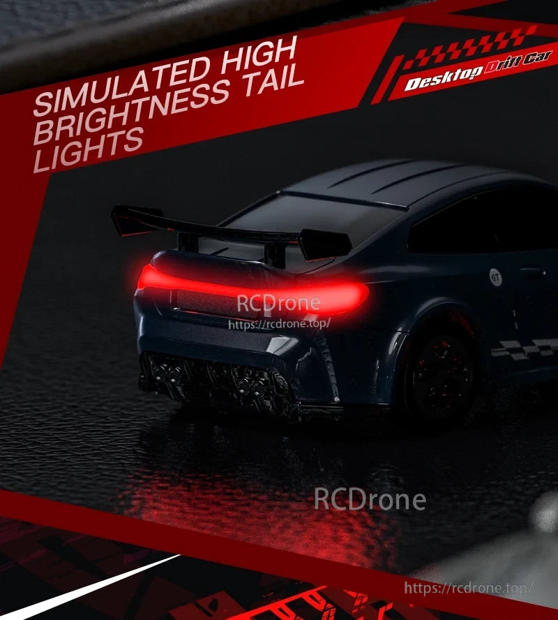 KF20 1:64 4WD Drift Rc Car, A sleek black GT model desktop drift car with simulated bright red glowing taillights for realistic high-brightness effect.