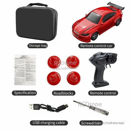 KF20 1:64 4WD Drift Rc Car, RC drift car set includes remote, storage bag, roadblocks, USB cable, screwdriver, and manual for easy setup and storage.