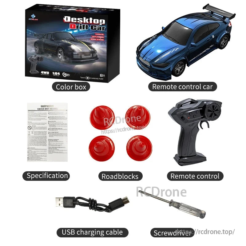 KF20 1:64 4WD Drift Rc Car, Mini 1:64 scale 4WD drift car with 2.4GHz remote, Type-C charging, 20-min runtime, 20m range; includes accessories and tools.