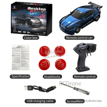 KF20 1:64 4WD Drift Rc Car, Mini 1:64 scale 4WD drift car with 2.4GHz remote, Type-C charging, 20-min runtime, 20m range; includes accessories and tools.