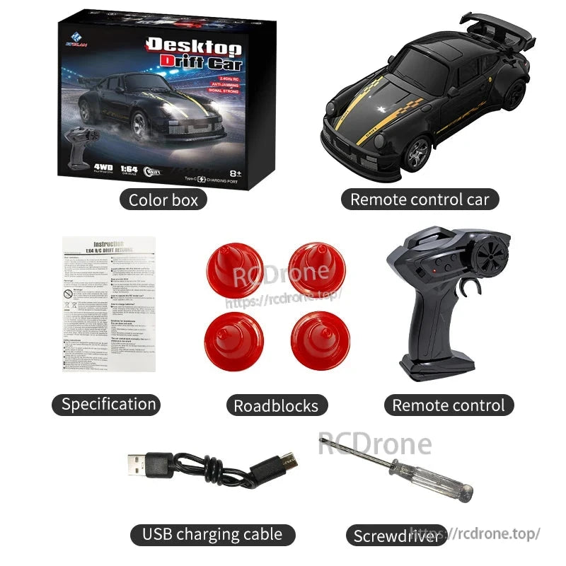 KF20 1:64 4WD Drift Rc Car, Mini 1:64 scale 4WD drift car with 2.4GHz remote, Type-C charging, 20-min runtime, 20m range; includes accessories and manual.