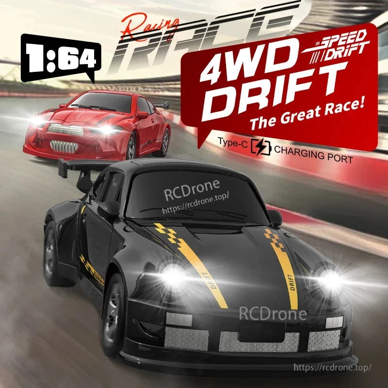 KF20 1:64 4WD Drift Rc Car, 1:64 4WD drift RC car with 2.4GHz control, Type-C charging, 20-minute runtime, 20+ meter range, full proportional steering, and racing design for precise, high-speed performance.