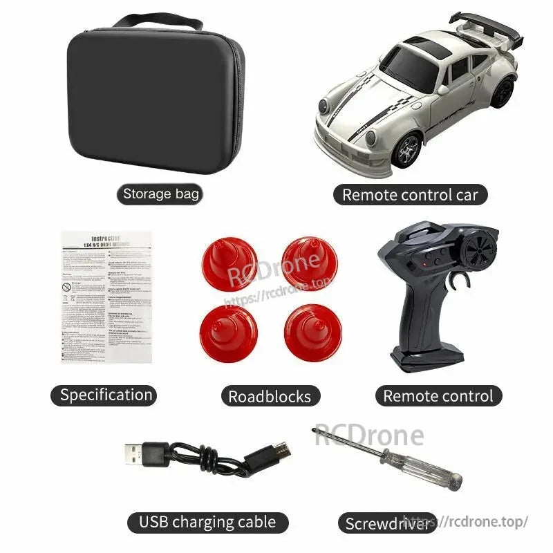 KF20 1:64 4WD Drift Rc Car, RC car package includes remote, storage bag, roadblocks, USB cable, screwdriver, and manual for easy setup and play.