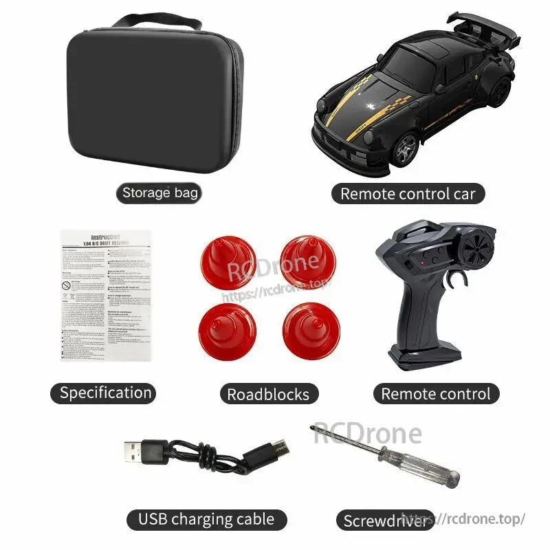 KF20 1:64 4WD Drift Rc Car, RC car set includes remote, charger, screwdriver, storage bag, roadblocks, and specifications for easy use and portability.