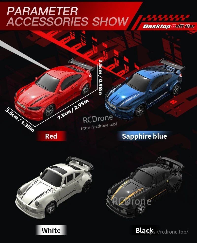 KF20 1:64 4WD drift RC car available in red, blue, white, and black colors. Compact, four-wheel drive remote-controlled vehicle designed for drifting performance.